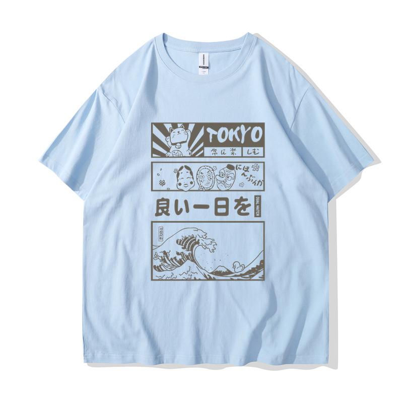 

Мужская футболка в стиле хип-хоп, уличная одежда, японский кандзи, мультяшный принт, «Большая волна», Токио, хлопковая футболка с коротким рукавом, лето, Харадзюку L