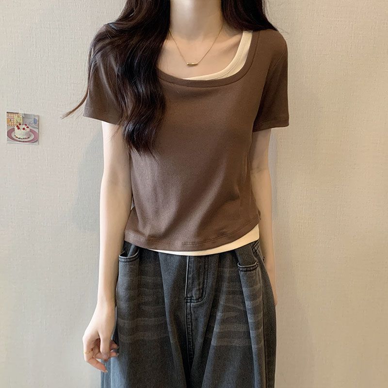 WTEMPO Brand Short-sleeved T-shirt Women's Summer Fake Two Niche with Design Sense of The Niche Sexy Slim Short Tops