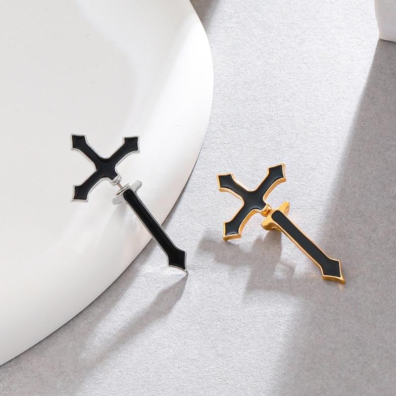 Gothic Emamel Cross Earrings Vintage Cool Punk Christian Ear Jacket Goth Dagger Earrings Jewelry Gift For Women Men