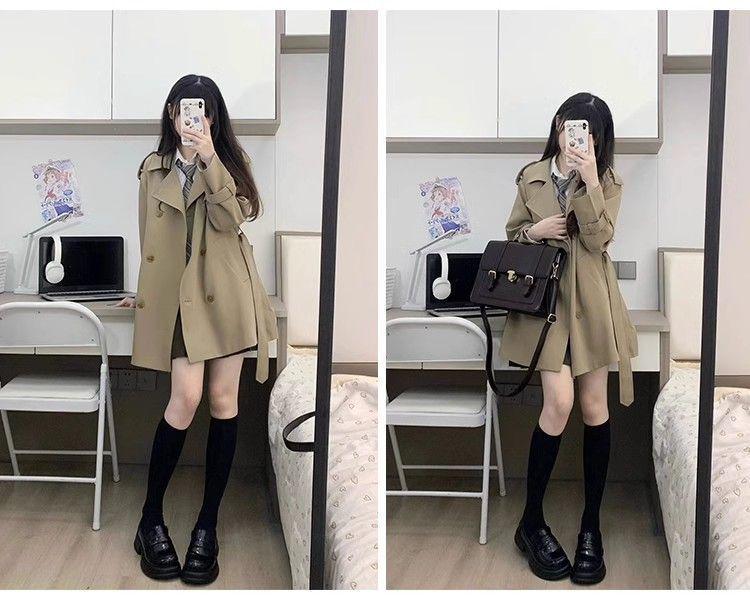 Women's Petite Khaki Trench Coat - British & Korean Style for Autumn/Spring 2025