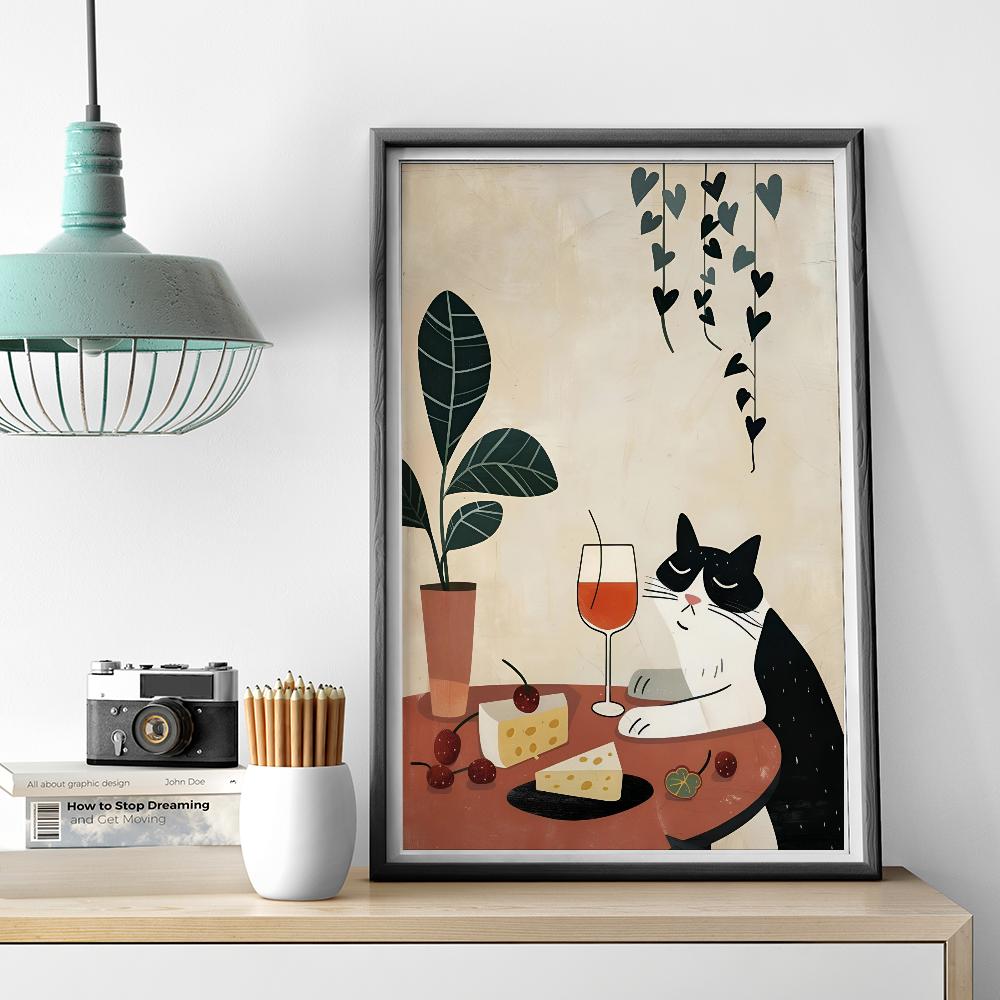 1ks Moderní Kočka Pije Víno Vtipné Zvíře Rostlina Plakát HD Plakáty Domácí Pokoj Bar Kavárna Dekorace Umění Nástěnná Malba Obrázek