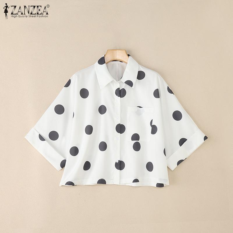 

ZANZEA Women Casual Loose Lapel Neck 3/4 Sleeve Polka Dots Blouse S білий