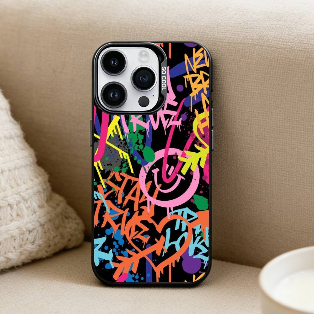 Cool Colorful Graffiti Phone Case For iPhone17, 16,15,14,13,12 Pro Max Black Candy Matte Shockproof Cover