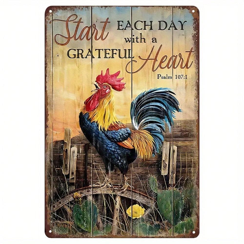 

InspirationalFarm Rooster Metal Plaque, Vintage Grateful Heart Psalm107:1 Decor, Home Art Accent for Farmhouse & Christian Fans 20x30cm（7.8x11.8inch）