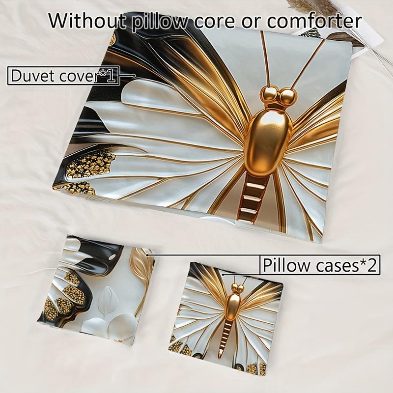 3Pcs Butterfly Embossed 3D Flower Duvet Cover Set, HD Printing Soft Bedding with Pillowcases for Home Dorm Decor