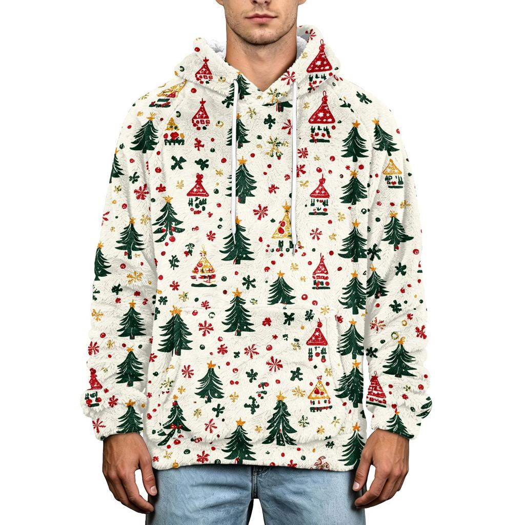 Men's Christmas Print Flannel Hoodie Hooded Casual Pullover Sweatshirt for Fall Winter
