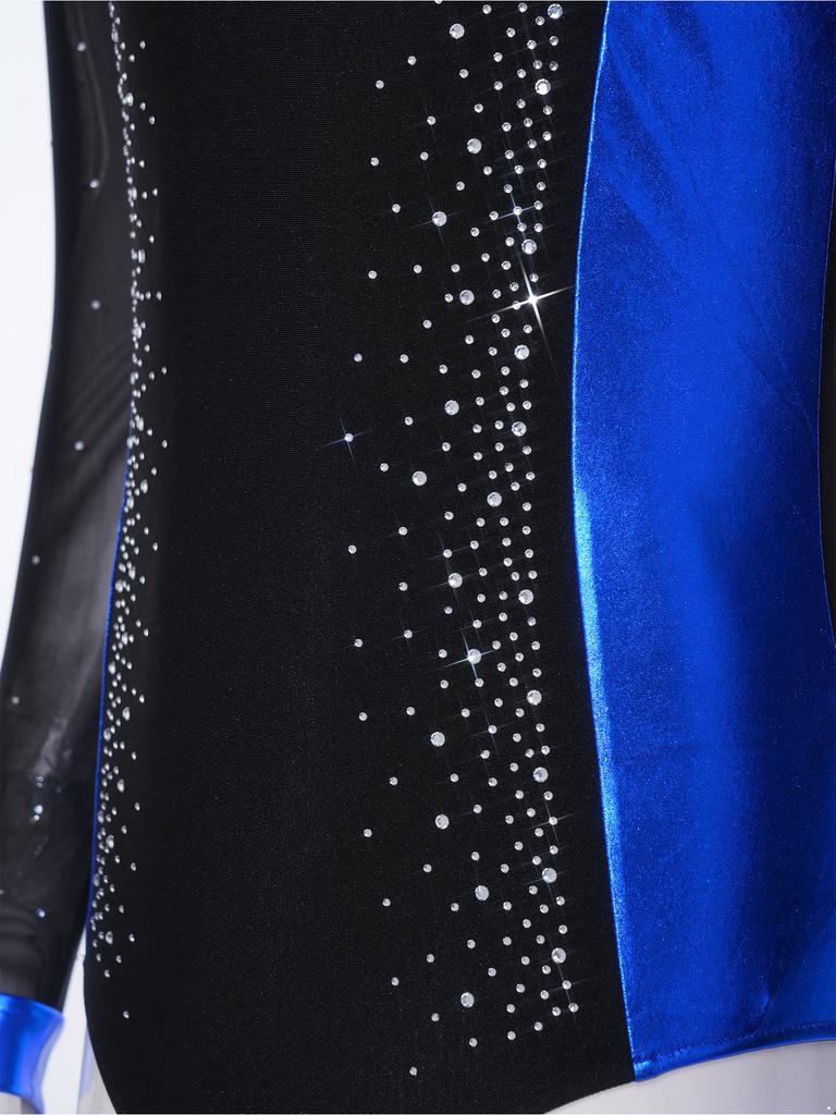 Sparkly Metallic Patchwork V Neck Bodysuit for Men Mesh Long Sleeve Rhinestone Leotard for Latin Ballet Figure Skating Gymnastics Training