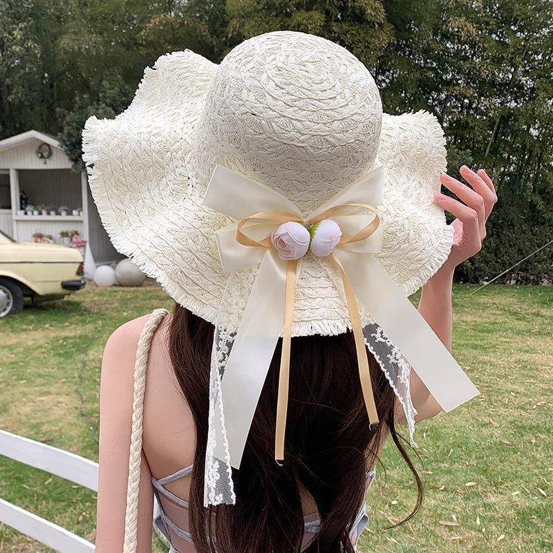 Summer Bow Sun Hat Female, Seaside Beach Vacation Sun Hat Outdoor Big Brim Sun Hat Sweet Straw Hat