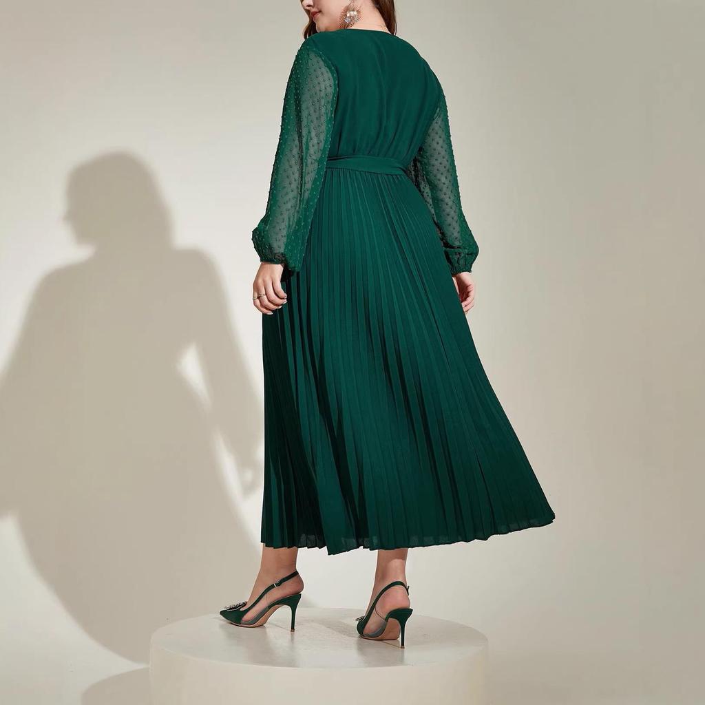 Plus Size Tie-Waist Patchwork Pleated Dress - Elegant Spring/Autumn Long Sleeve Style