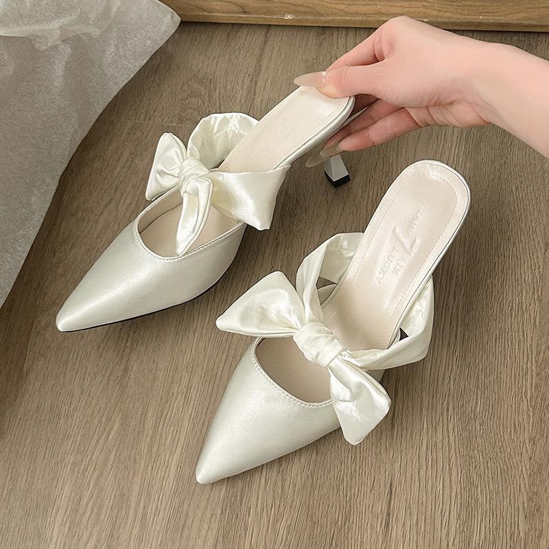Women S Satin Pointed Toe Bow Thin Heel Half Slippers Summer