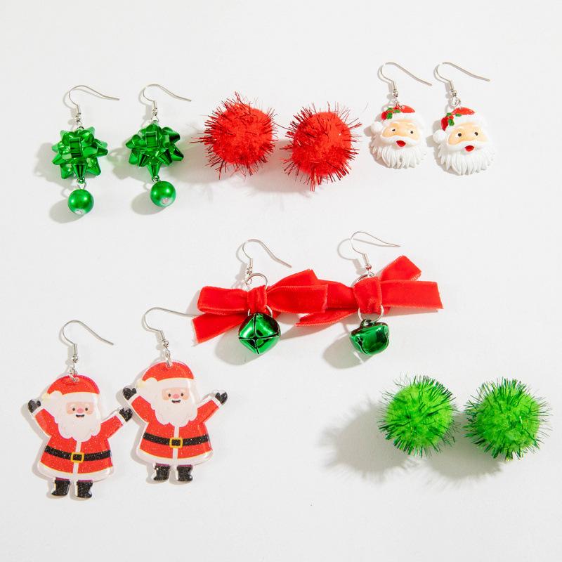 Santa Bell Hairball Earrings Six-piece Set Iron Flower Christmas Earrings Set