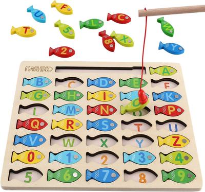 Magnetic Wooden Fishing Game Toy for Toddlers, Alphabet Fish Catching Counting Games Puzzle with Numbers and Letters, Preschool Learning ABC Math