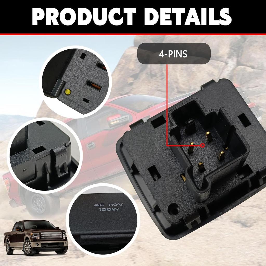 Center Console Rear Power Outlet Socket Plug Compatible with Ford F150 2010-2014 Explorer 2011-2015 F250 F350 F450 Super Duty 2011-2016 Lincoln