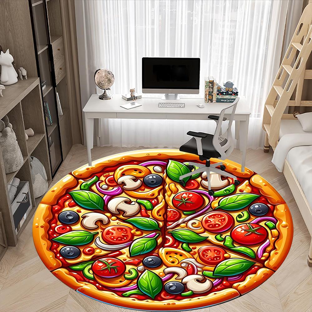 1pc Pizza Print Chair Carpet for Office, Round Polyester Mat, Indoor Decor for Office, Easycare Fabric, Washable Non-slip Area Carpet