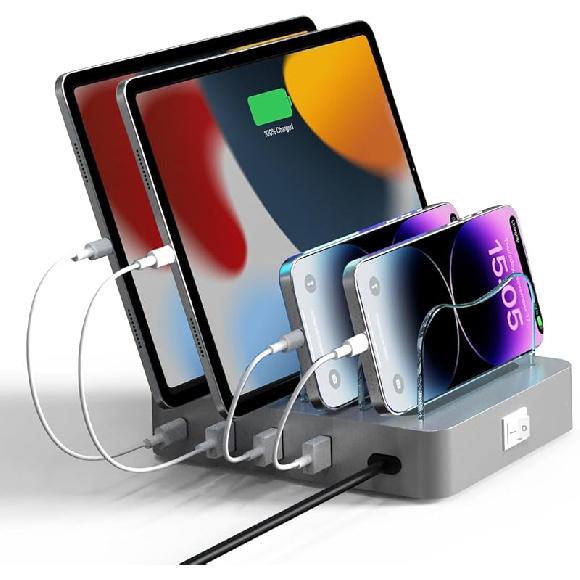USB Charging Station - Charging Dock - 4-Port - Fast Charging Station for Multiple Devices - Docking Station - Smart Charging Station Dock - Multi Silvery