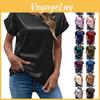 Tshirt Womens Elegant Solid Summer Round Neck Rolled Short Sleeve Satin Silk Blouse Tops