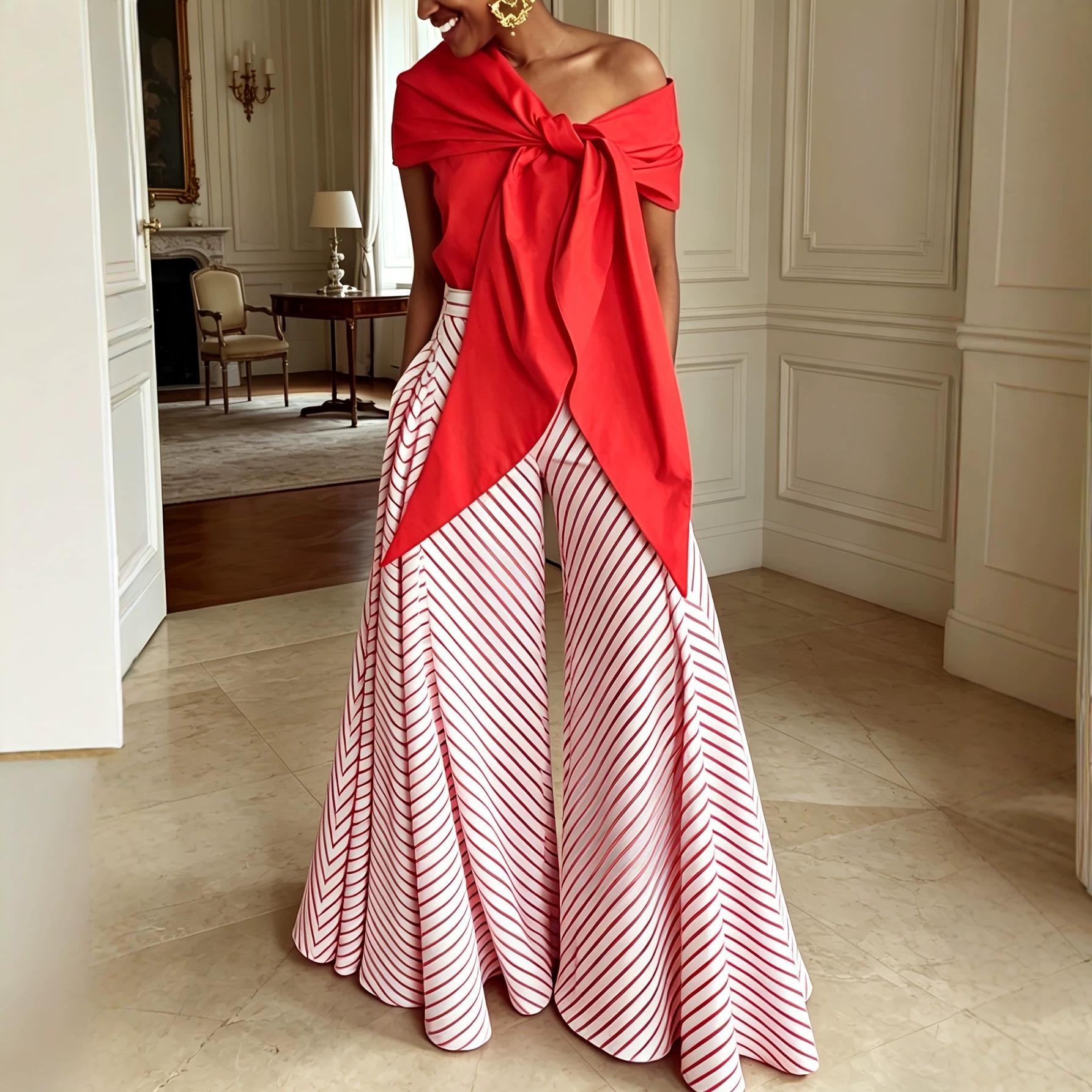 European and American cross-border women s urban fashion bow front asymmetrical top + striped high-waisted wide-leg pants set S красный