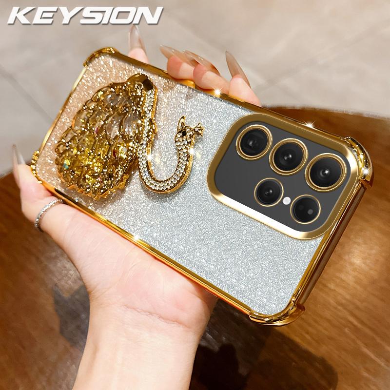 KEYSION Shockproof Plating TPU Phone Case for Samsung S24 S25 Ultra S25+ Glitter Jewelled Swan kickstand Cover for Galaxy S24 S25 FE 5G