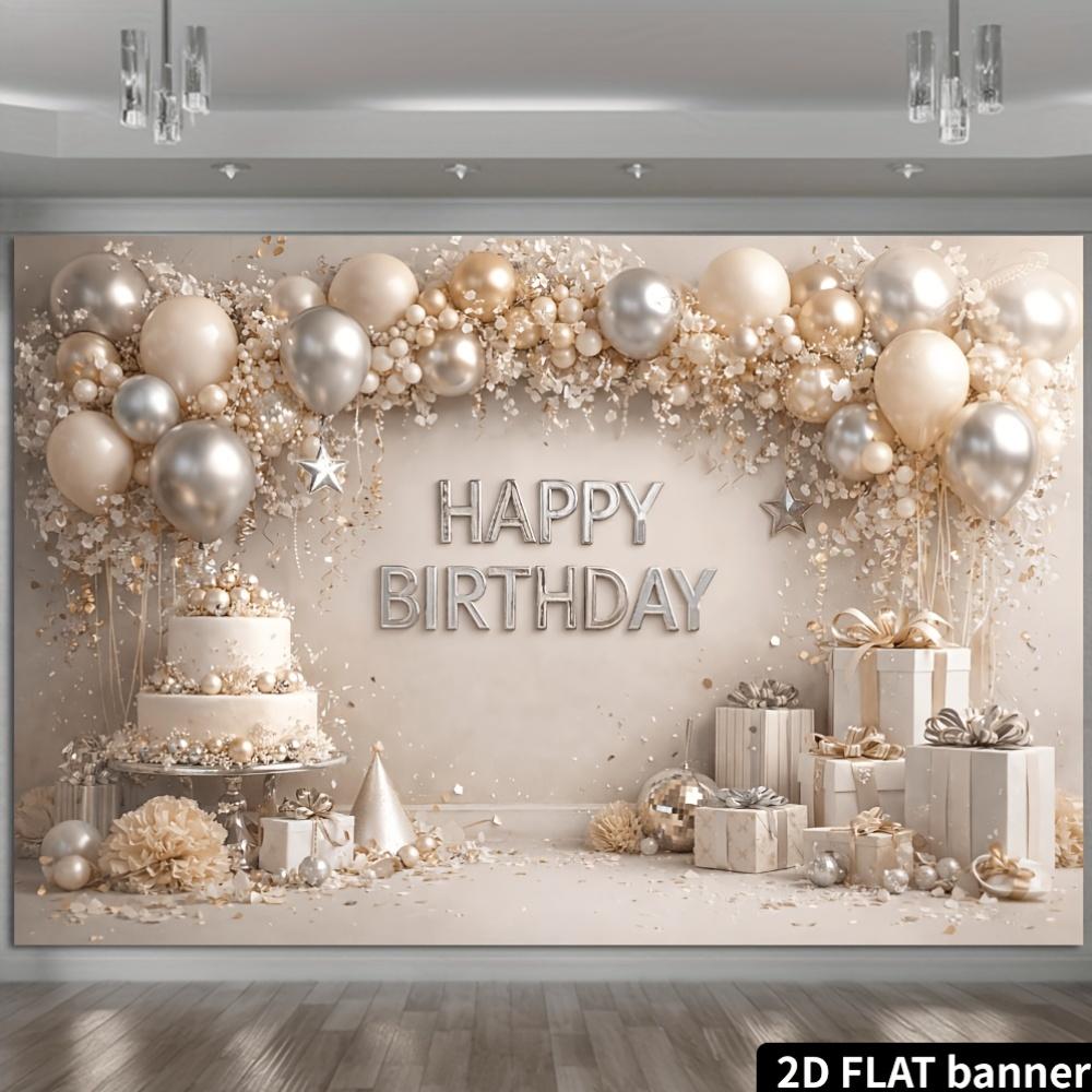 2D plane gold and silver balloons birthday party background fabric, champagne-colored balloon cake box, durable polyester