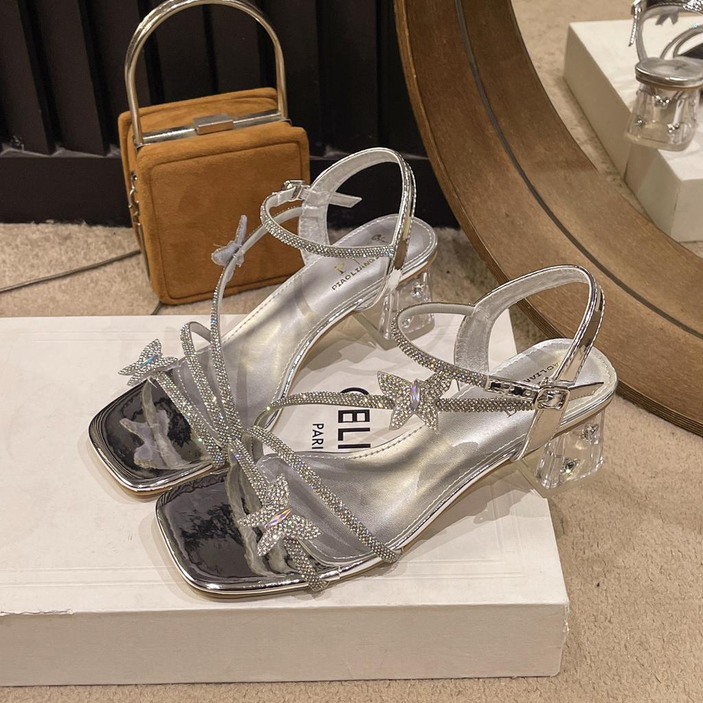 Silver rhinestone sandals women's 2025 new summer with skirt thick heel open toe beautiful bow crystal high heels