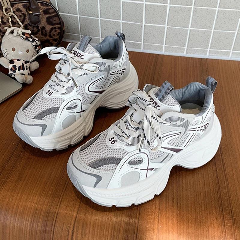 

Fashion Fashion Platform Women s Sneakers 2025 Spring Lace-Up Thick Bottom Vulcanize Shoes Woman Comfort Breathable Sports Shoes Ladies 40 бежевый