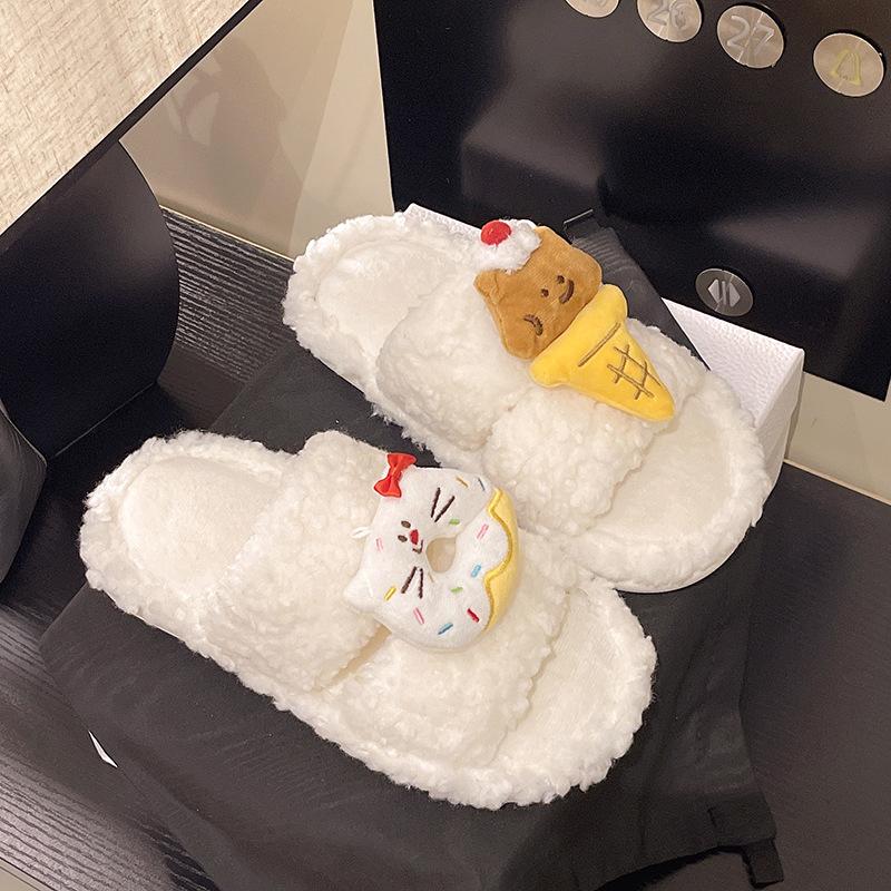 Fashion Cute Cartoon One Word Slippers Women's Autumn Winter Warm Non Slip Casual Plush Shoes Lightweight Comfortable Indoor Home Shoes
