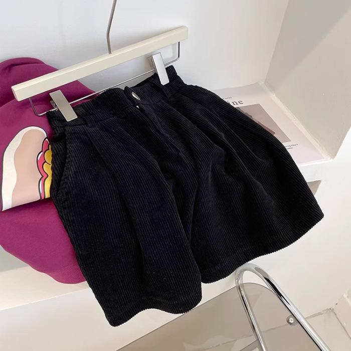 Short Autumn and Winter Casual Pants for Women High Waisted and Slim Hong Kong Style Corduroy Loose Wide Leg Shorts