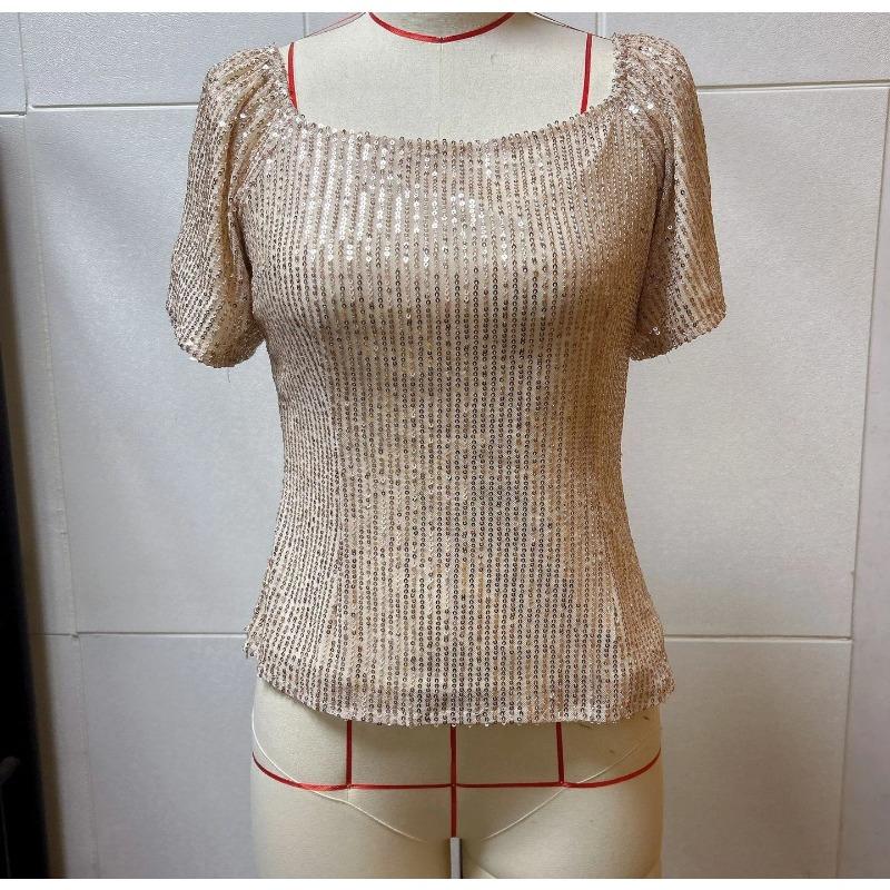 Summer New Women's Square Neck Fashion Short Sleeve Sequined Puff Sleeve Shirt
