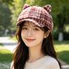 Cute Cat Ear Plaid Octagonal Hat Female Autumn and Winter Retro Embroidered Beret Showing Face Little Girl Versatile Newsboy Hat