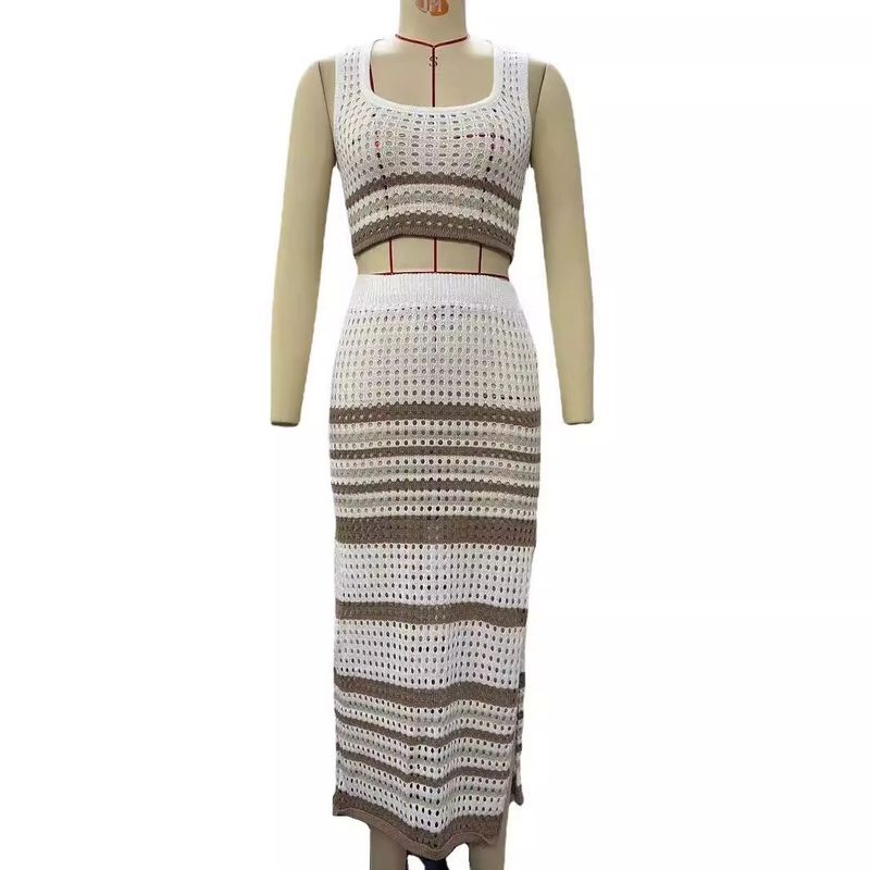 Stylish Export European and American Women's Clothing Summer New Sleeveless Vest Sexy Slit Stripes Skirt Knitting Suit