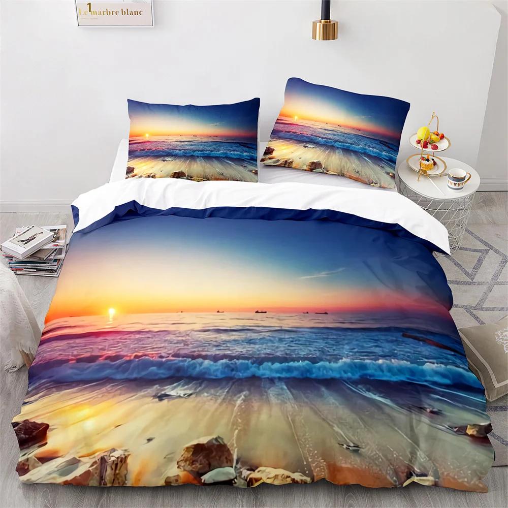 Täcke Strand Havssolnedgång Hawaiianska Vågor Täcke Tropisk Ö och Hav Strand Natur Polyester Sängkläder Set