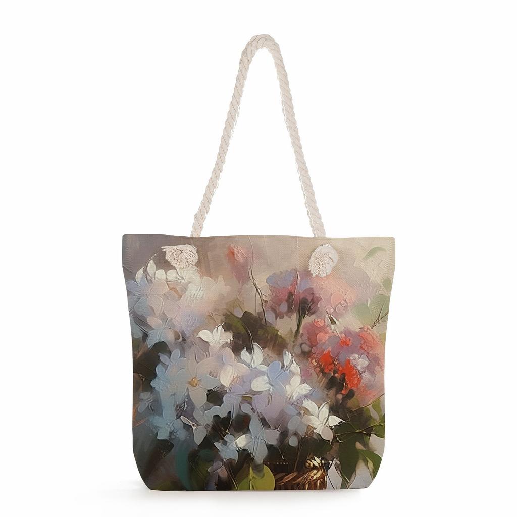 Multifunctional Oil painting flowers Printed Thick Rope Shoulder Beach Bag Casual large capacity handbag 0245