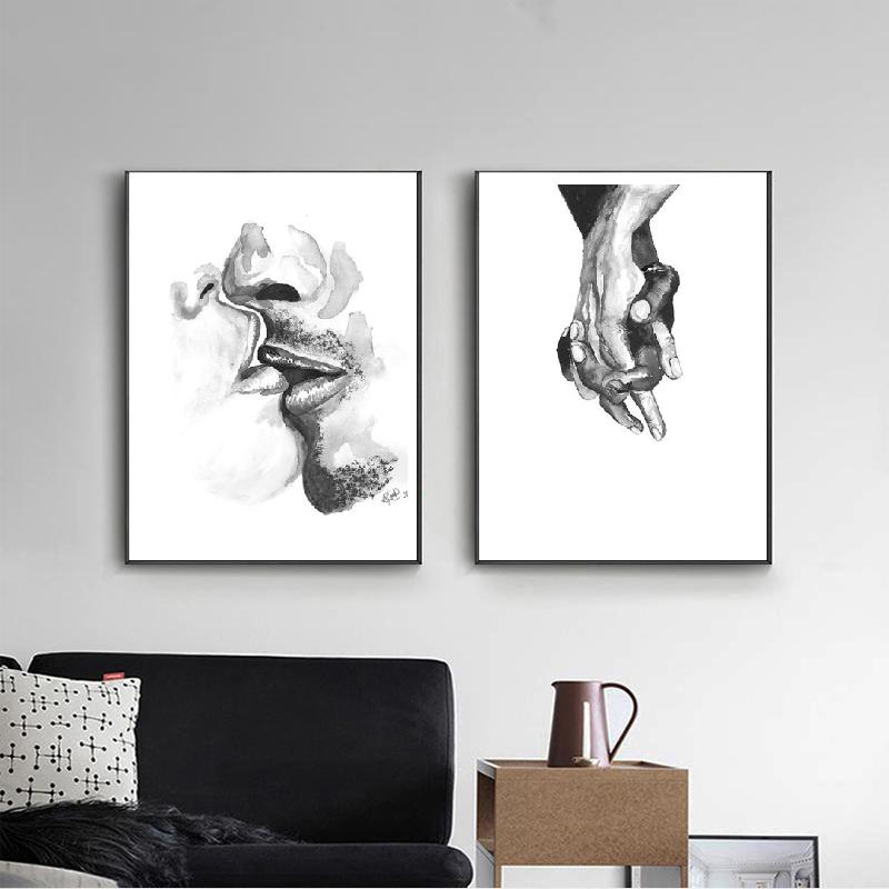 Nordic Fashion  Lover Kiss Black White Abstract Line Posters Print Canvas Painting Hand Wall Art Pictures Bedroom Home Decor