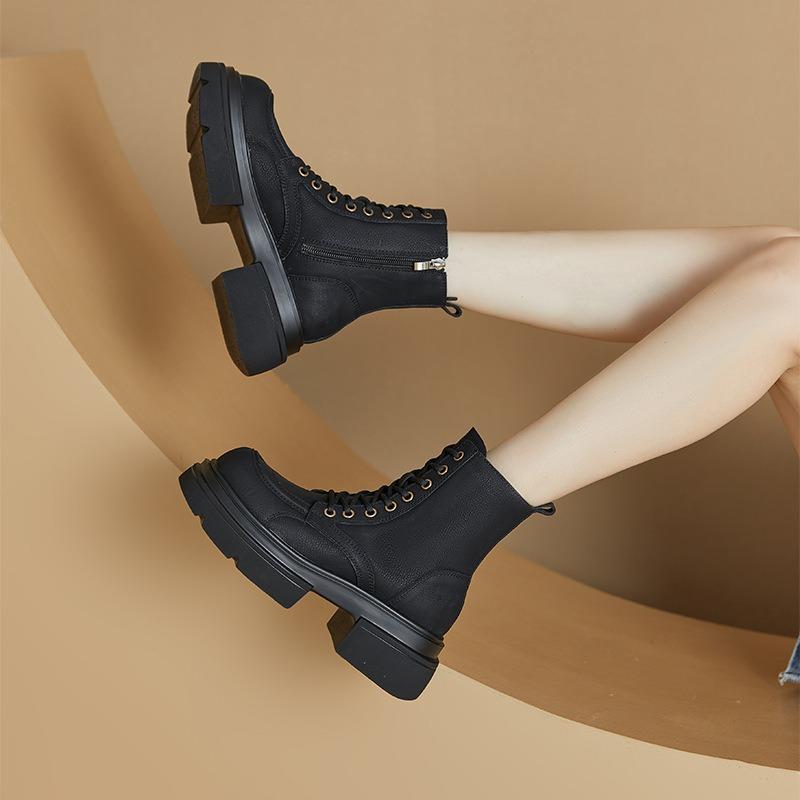 3233 small size leather rhubarb boots women's thick-soled high-top lace-up women's boots velvet solid color casual student shoes