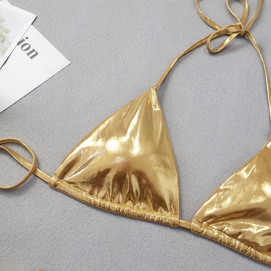 Lesklá zlatá stříbrná 3dílná bikiny sada s přehozem Sexy mikro tanga plavky dámské 2025 stahovací ohlávka plavky plážové oblečení