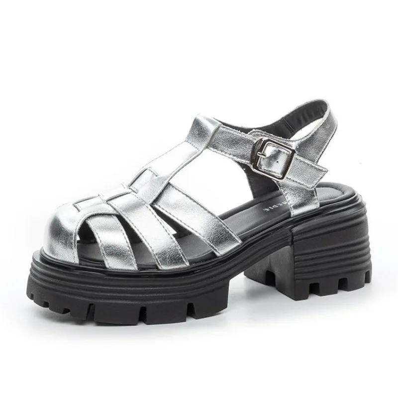 

7CM Patent Genuine Leather Chunky Sneakers Slippers Summer Platform Wedge Weaving Hollow Sandals Slipper Flats Pumps Women Shoes 34