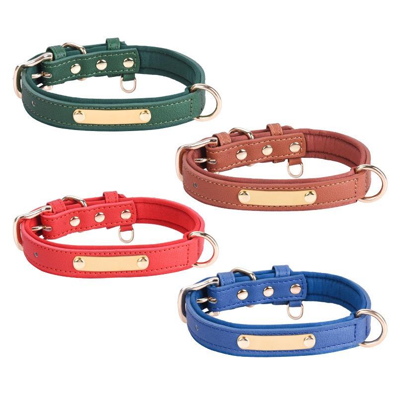 Pet Collar Vintage PU Leather and Breathable Space Cotton Double D-Ring Engravable Nameplate Dog Leather Collar