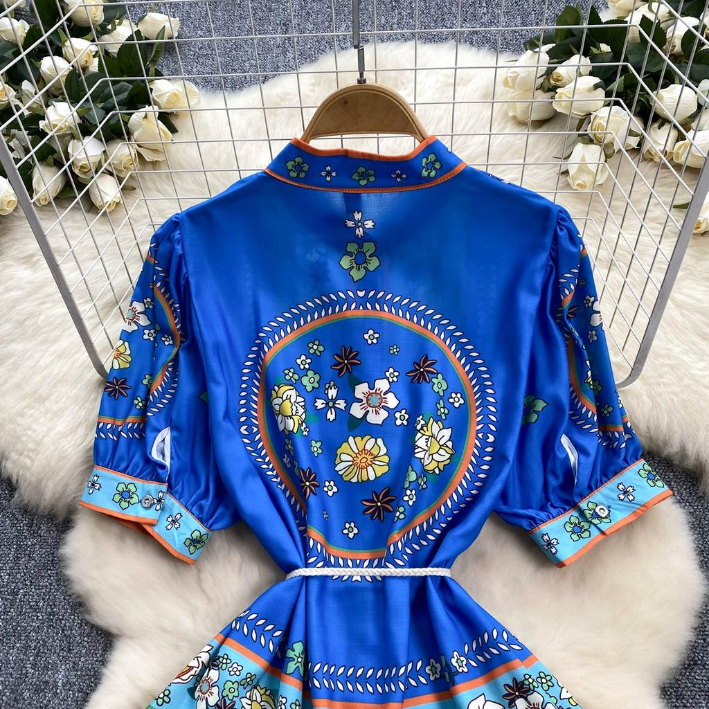 Summer Vintage Printed Oversize Long Maxi Beach Dress for Women's Lantern Sleeve Seaside Holiday Dresses