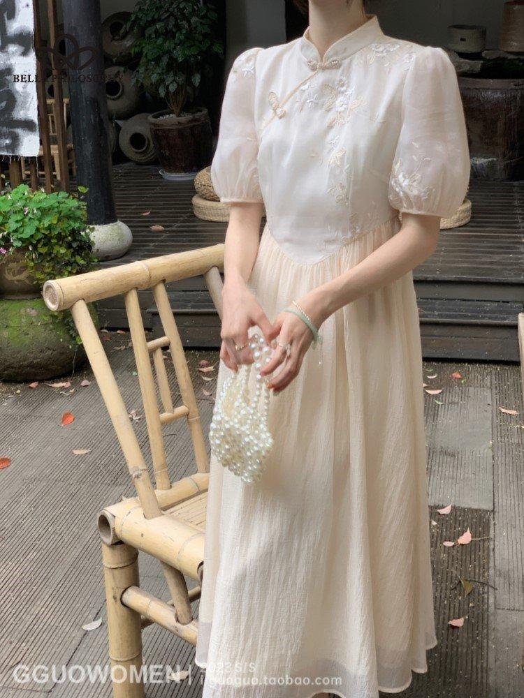 

Летнее женское модное винтажное платье миди для выпускного вечера, элегантное трапециевидное платье, женское праздничное платье в китайском стиле, OL Cheongsam L абрикосовый