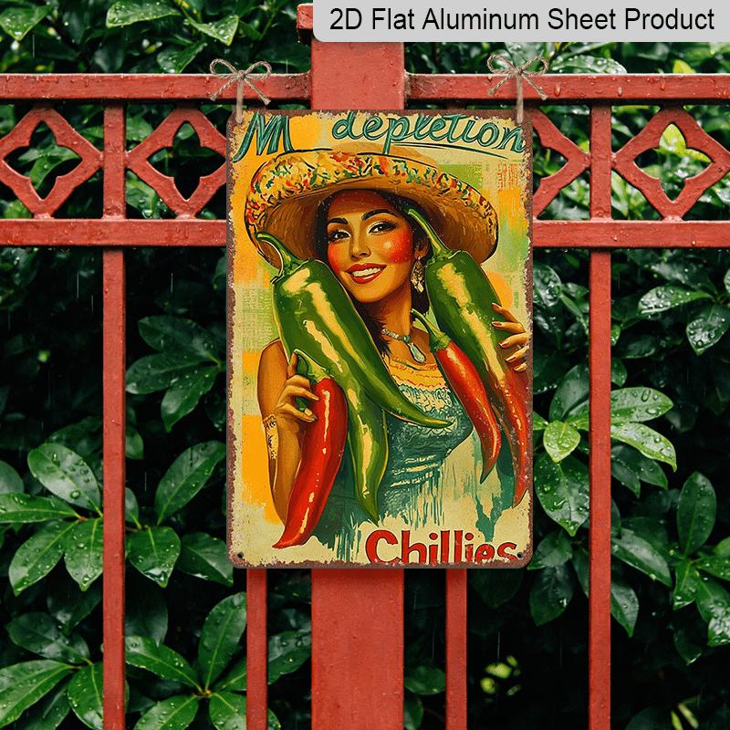2D Flat, Victorian Era Mexican Woman & Chili Pepper Metal Sign - Vintage Wall Decor Poster Suitable for Home, Bar, Office - Durable Aluminum Retro