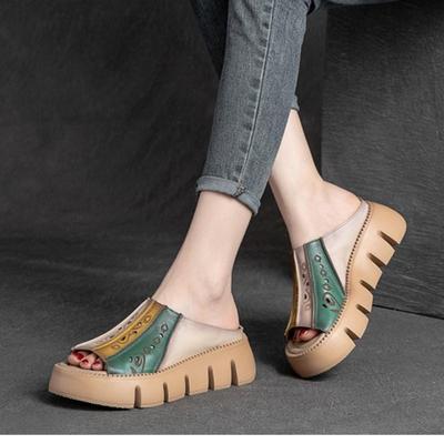 Echtes Leder Dicke Sohlen Sandalen Frauen Retro Wedges Slides Bequeme Outdoor-Plattform-Hausschuhe