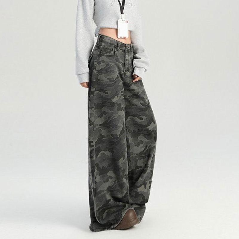 Fat Wide-leg Camouflage Jeans Women's Clothing Large Size Meat-covering Pear-shaped Tooling High Waist Loose Mopping Straight Trousers