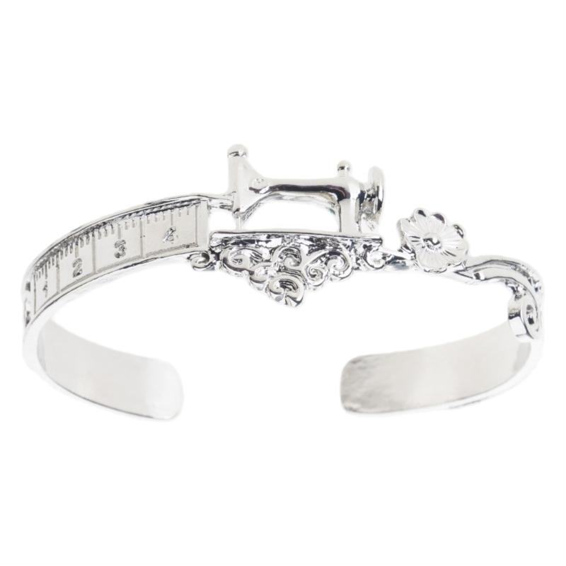 Sewing Machine Cuff Bracelet Adjustable Open Alloy Bangle with Tape Measure Scroll Detail Gift Jewelry for Sewing Lovers