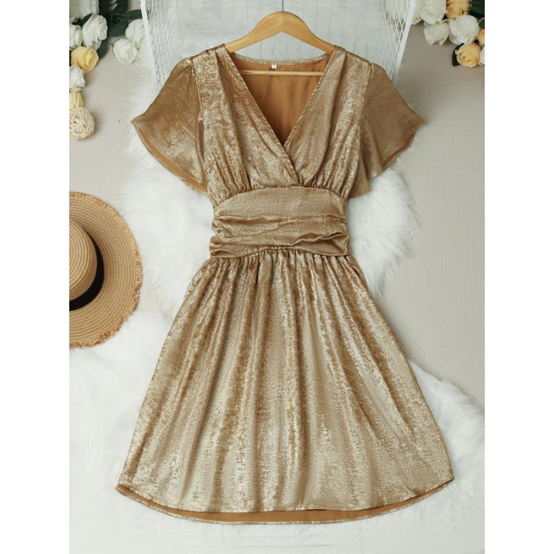Women's Summer Metallic Deep V-neck Lotus Sleeve Solid Color Dress