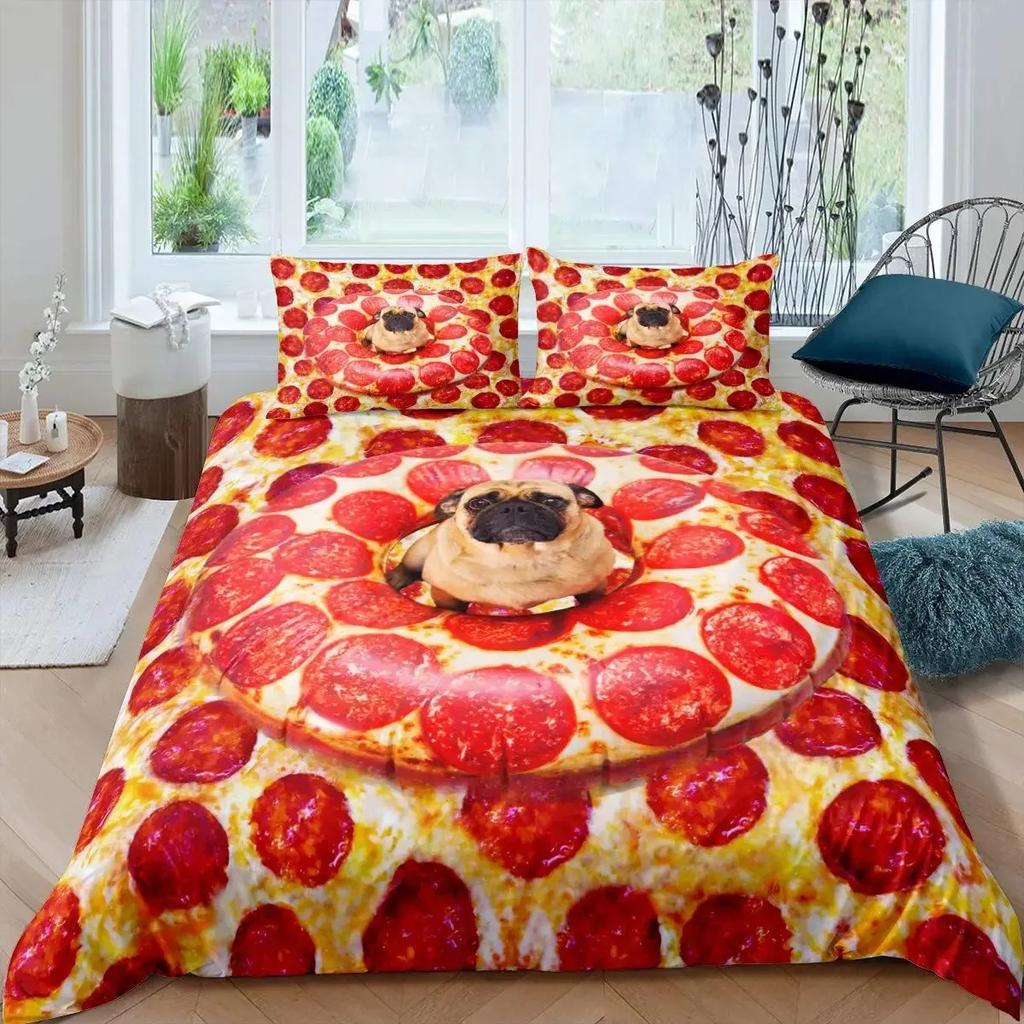 Pizza Bettbezug-Set Käsepizza Bettwäsche-Sets Pepperoni Nudeln Bettdeckenbezug-Set Full Queen Größe Lebensmittel-Thema Gesteppte Decke