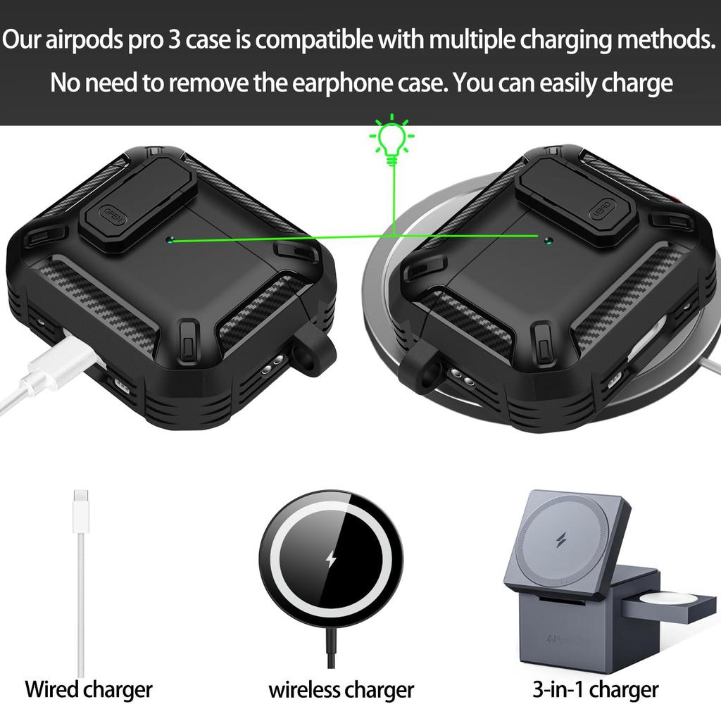 2026 for AirPods Pro 3 Case with Cleaning Kit Carbon Fiber Military Drop Proof Auto Pop up Case with Carabiner For AirPods Pro 3