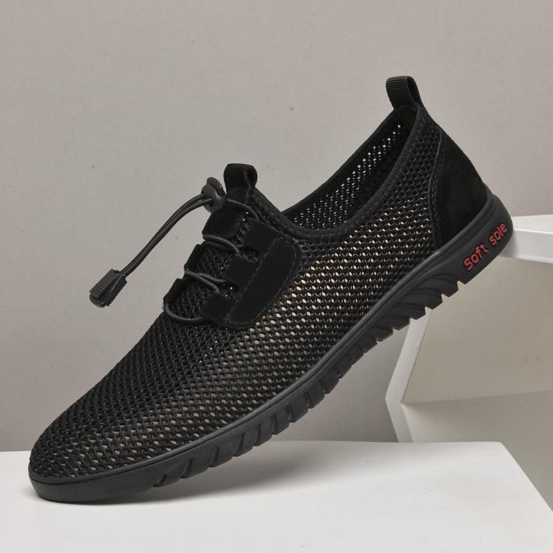 

Summer Mesh Shoes Outdoor Hollow Out Men Sneakers Cool Breathable Light Mens Casual Low Shoes Lace-Up Soft Sole Walking Footwear 46 чёрный