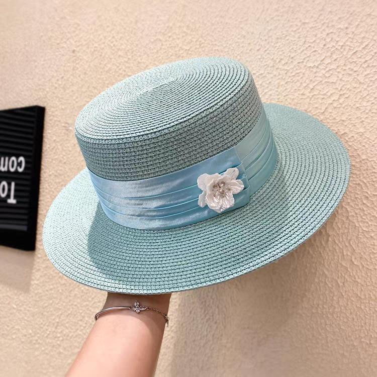 Elegant French Flat bucket hat flower decoration basin hat outdoor British straw hat women s summer beach small-brimmed sun hat M 56-58