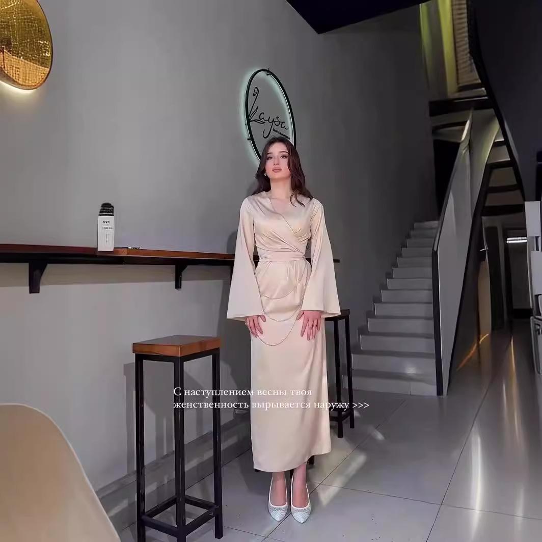 

2024 Элегантное однотонное платье с плиссированной талией и длинными рукавами Small абрикосовый