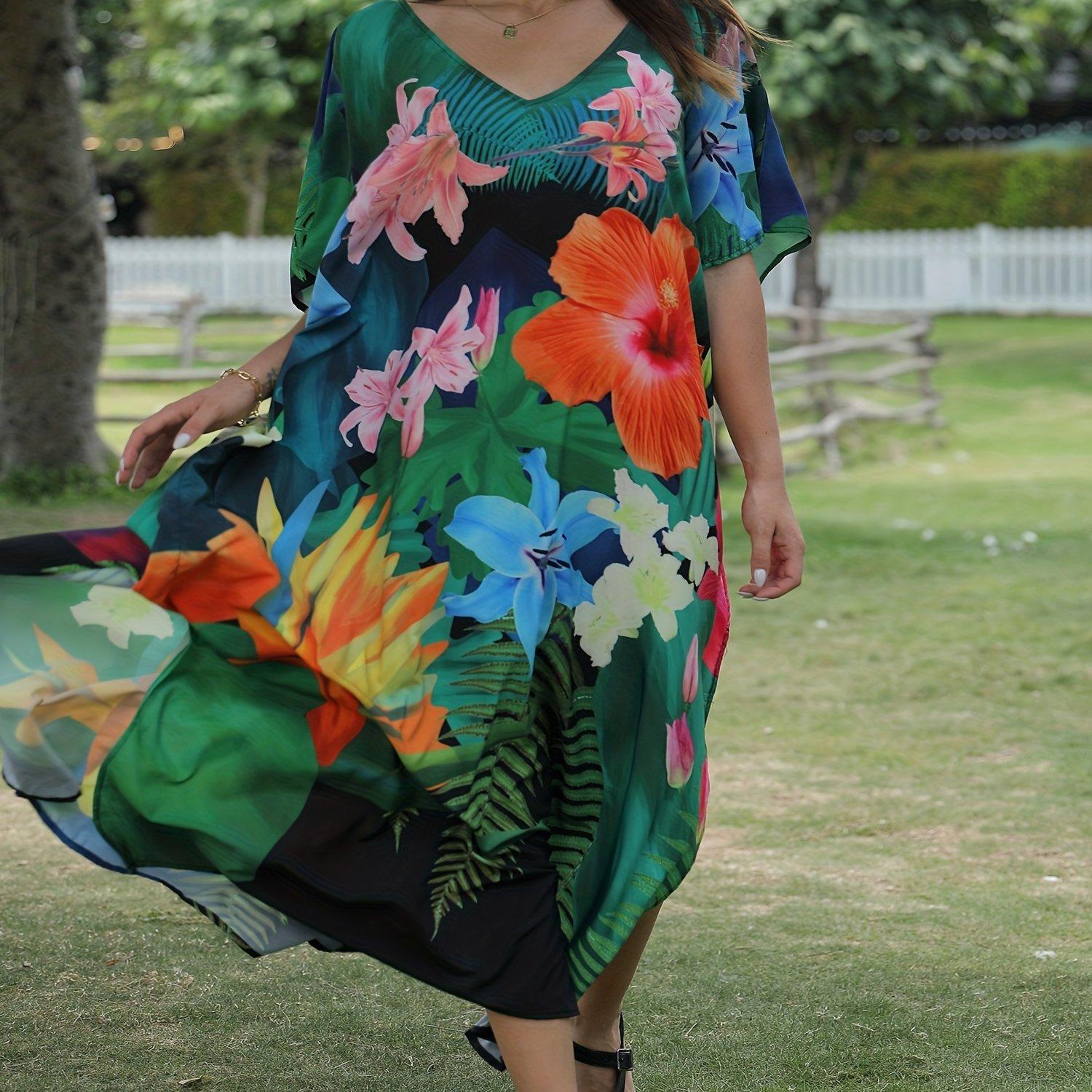 

Накидка больших размеров в стиле бохо, женская накидка больших размеров с v-образным вырезом и цветочным принтом, с короткими рукавами и разрезом One-size разноцветный